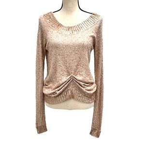 DONNA KARAN COLLECTION ROSE GOLD SEQUINS CASHMERE/SILK SWEATER WITH RUCHED FRONT